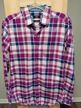 Women's Blue And Purple Hugo Boss Cotton Button Down Shirt
